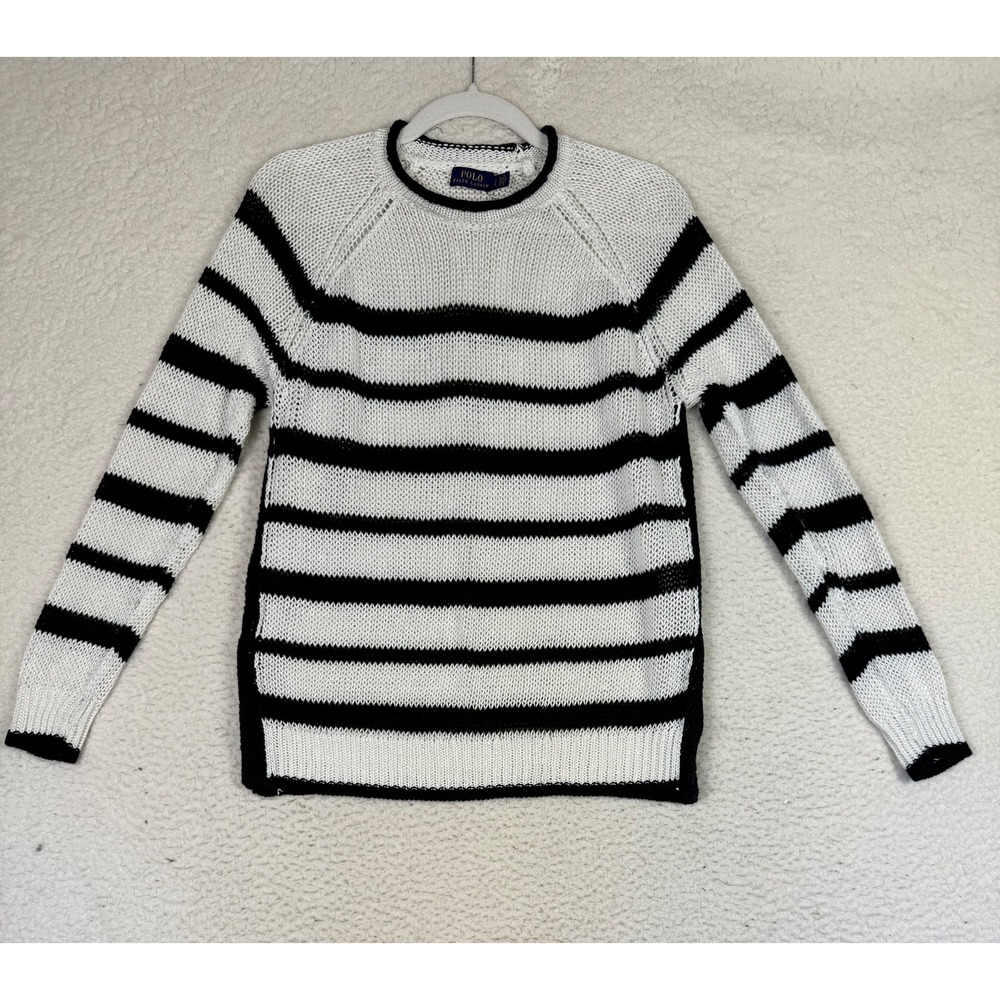 Polo Ralph Lauren Sweater Womens S White Blue Striped Linen Open-Knit Pullover
